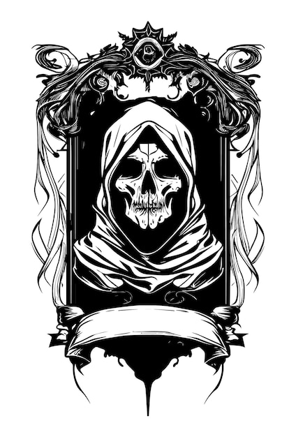 skull head heraldic banner black and white hand drawn illustration