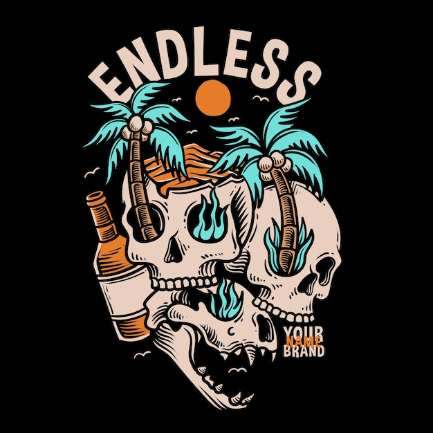 Premium Vector | Skull head illustration with beer bootle and palm ...