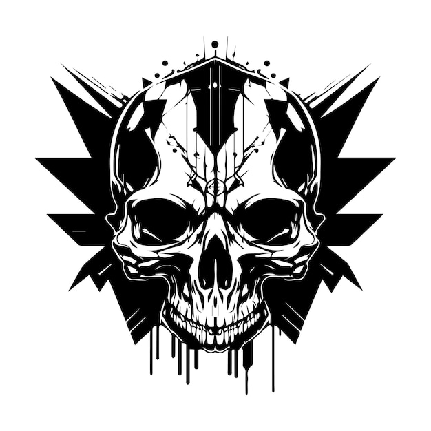 skull head logo black and white ink hand drawn illustration