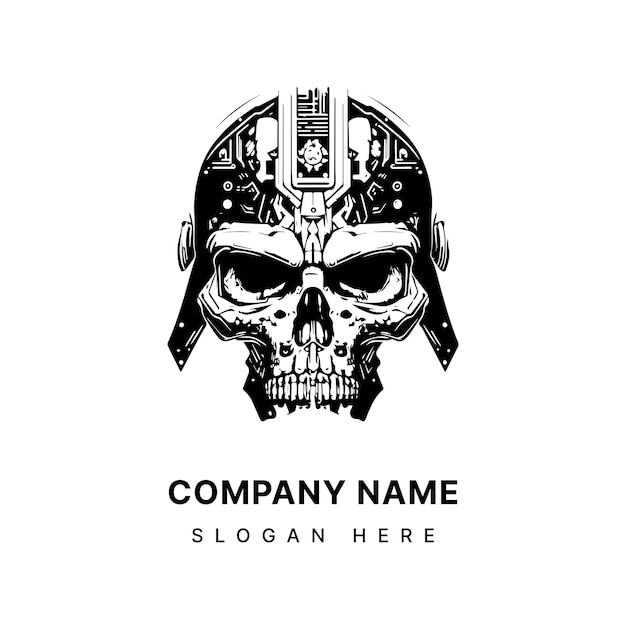 skull head logo black and white ink hand drawn illustration