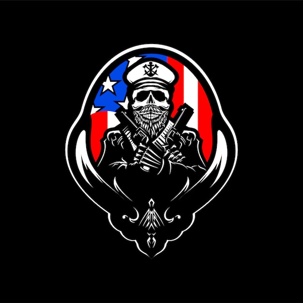 アメリカの国旗と頭蓋骨頭ロゴベクトル図