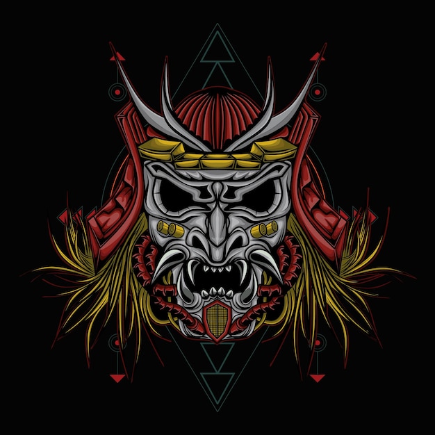 Skull head samurai illustration with geometric