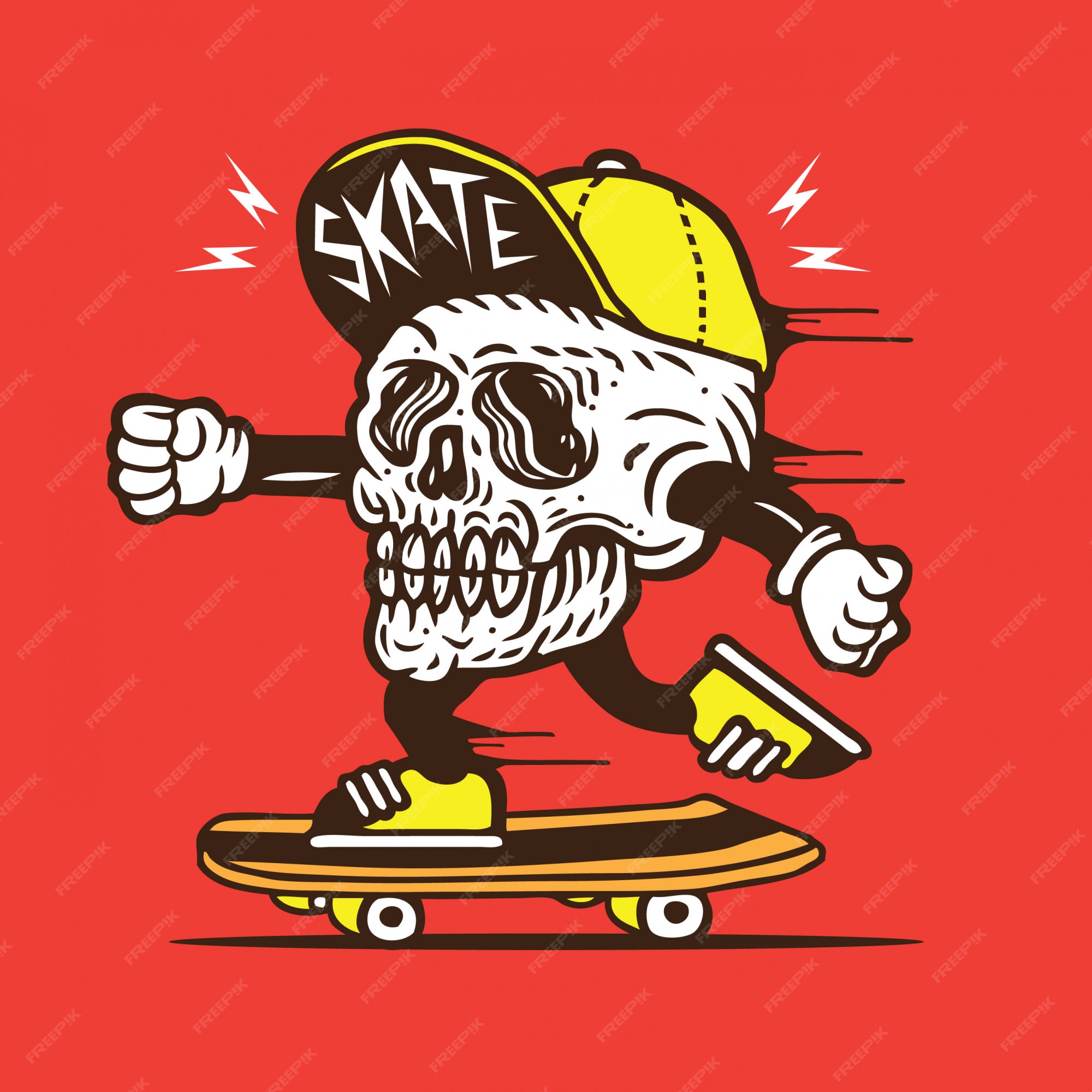 スカルヘッドスケータースケートボードキャラクター | プレミアムベクター