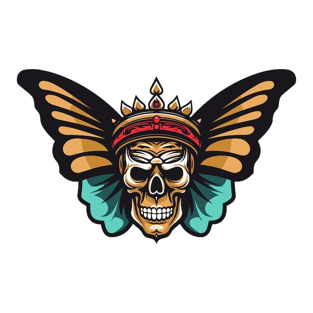 skull head wearing a crown butterfly wings illustration hand drawn logo design
