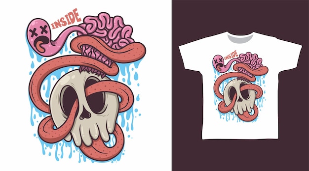 Skull head with brain doodle t shirt and apparel design concepts