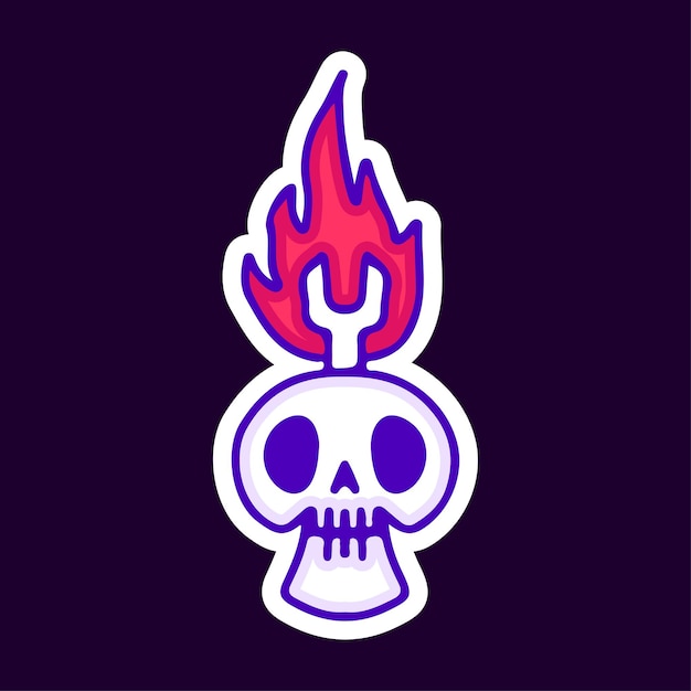 Skull head with flaming wrench cartoon, illustration for t-shirt, sticker, or apparel.