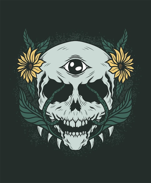 Skull head with flowers hand drawn illustration vector designs