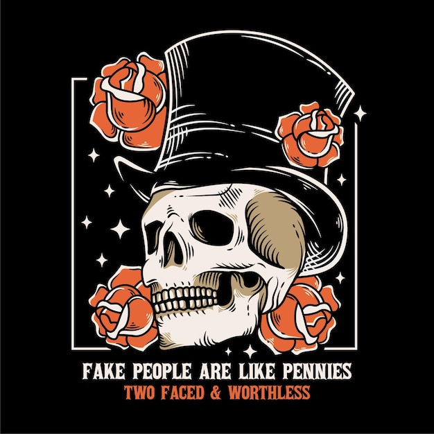 skull head with hat and roses illustration