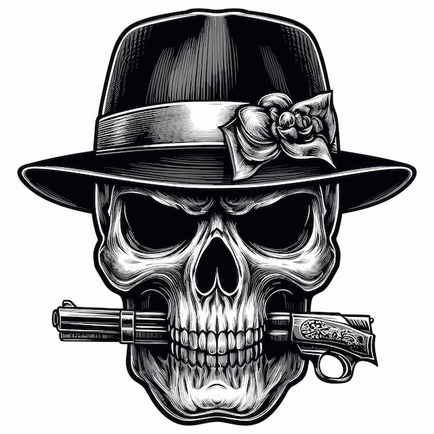 Vector skull head with mafia hat illustration on white background