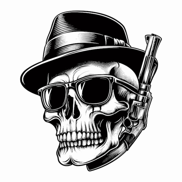 Skull head with mafia hat illustration on white background