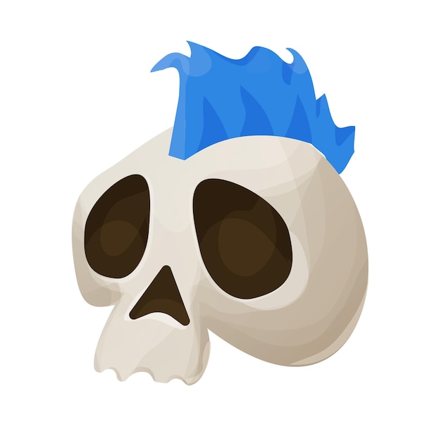 Skull, head with mohawk hairstyle, cool punk skeleton in cartoon style isolated on white background.