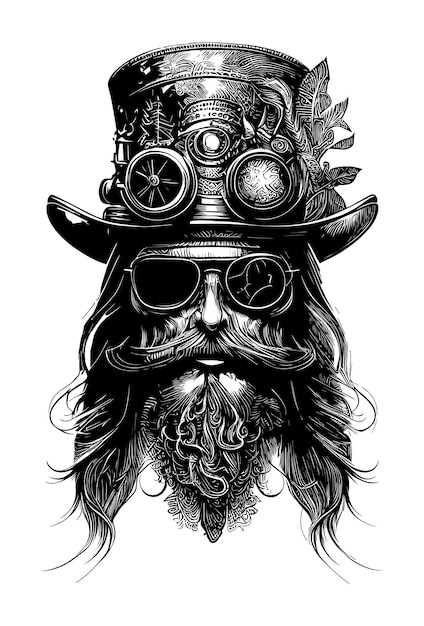Skull head with moustache wearing sunglass and hat hand drawn illustration