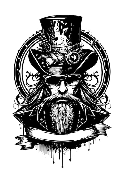 Skull head with moustache wearing sunglass and hat hand drawn illustration