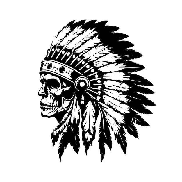 skull head with native american indian chief accessories logo hand drawn illustration