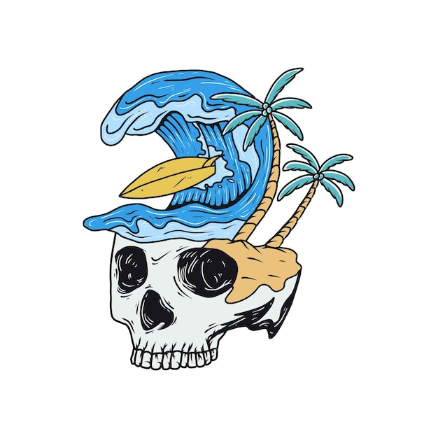 Vector skull head with ocean waves with surfboard