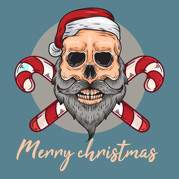 Skull head with santa claus christmas hat illustration
