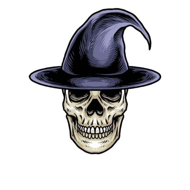 Skull Head With Wizard Hat Logo Design Vector