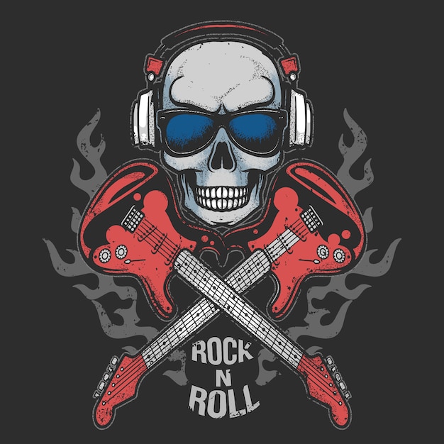 벡터 guitar fire rock n roll 작품이있는 skull headphone 음악 파티