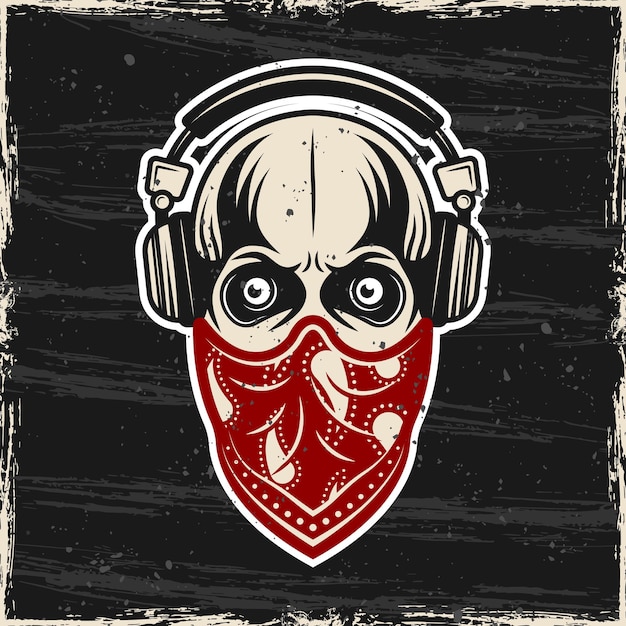 Vector skull in headphones and red bandana on face vector colored illustration with grunge textures