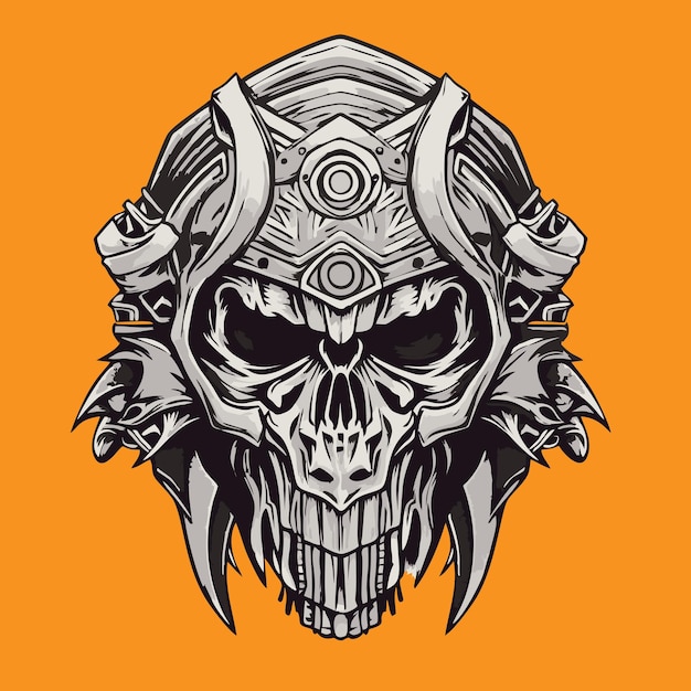 Skull in the helmet of the knight Vector illustration on orange background