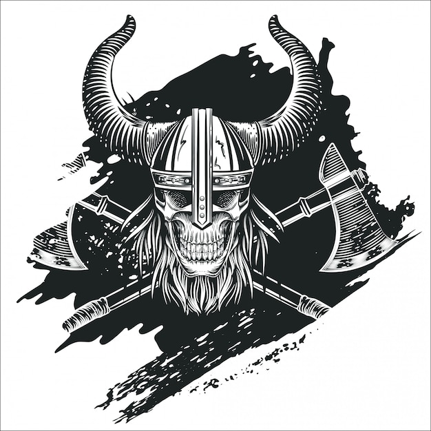 Skull in the helmet of the viking in the style of engraving