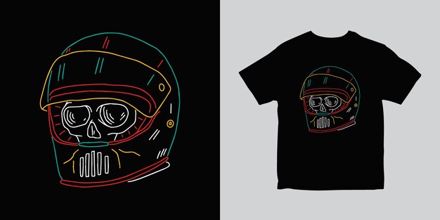 スカルヘルメットヴィンテージアウトラインイラストTシャツデザイン