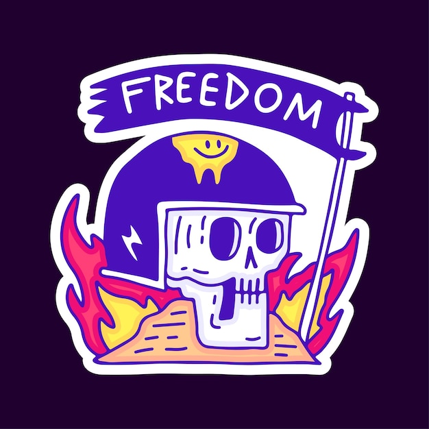 Skull in helmet with fire and freedom flag cartoon, illustration for t-shirt, sticker.