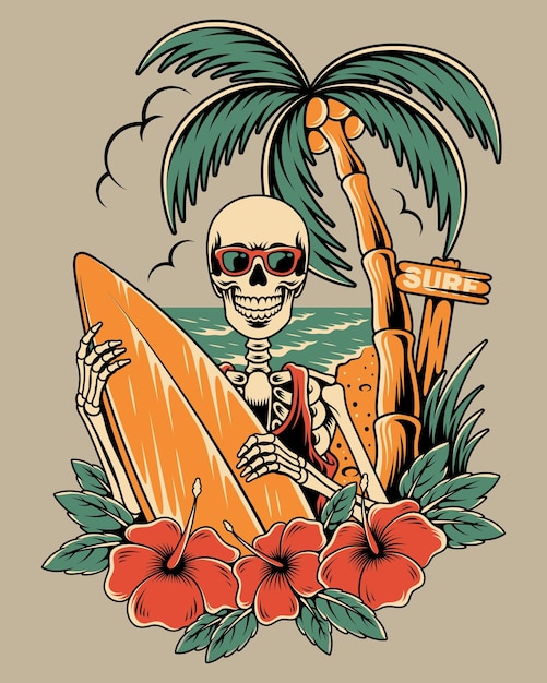 skull holding a surf board on the beach