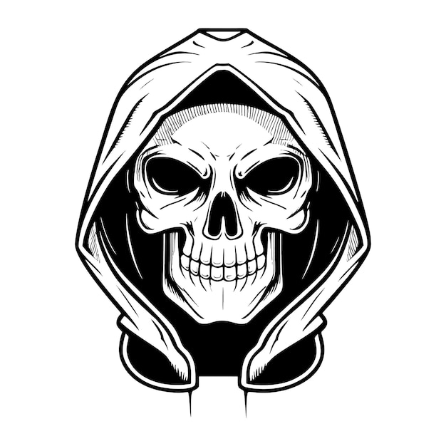 Skull in hood hand drawn vector illustration