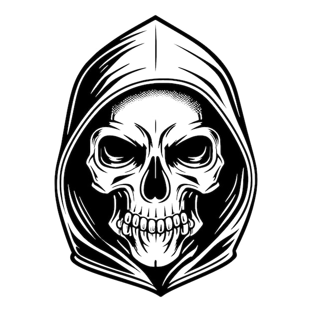 Skull in hood hand drawn vector illustration