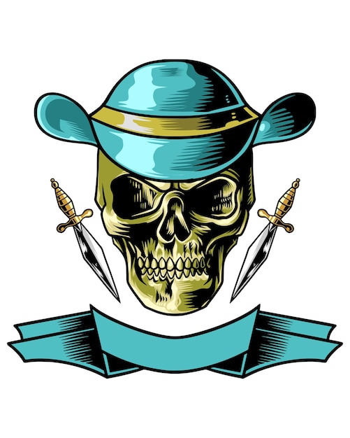 Skull illustration logo with cowboy hat and knife beside