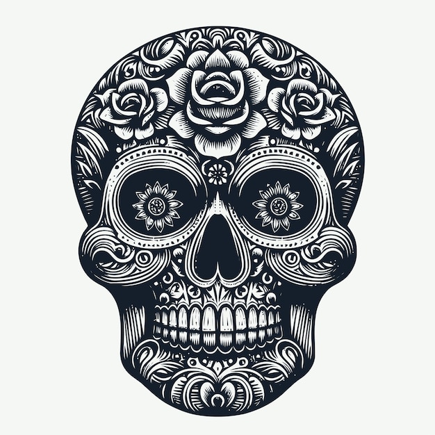 skull illustration with engraving style