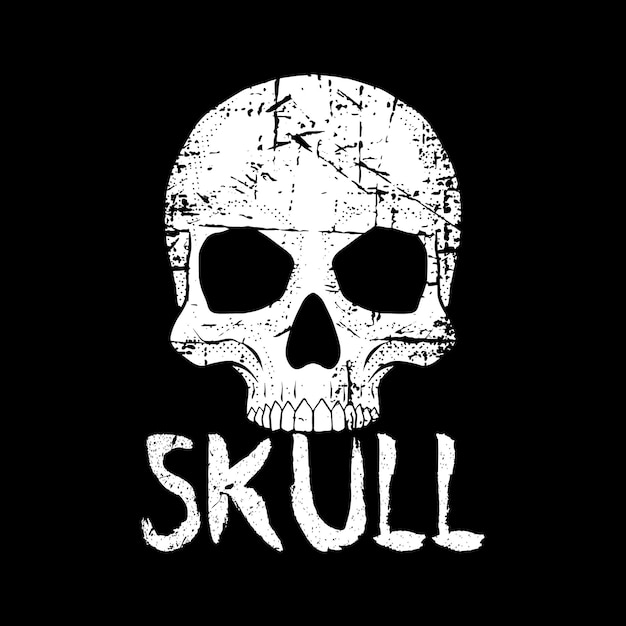 Illustrazione del cranio con testo teschio in bianco e nero in stile grunge vettore premium