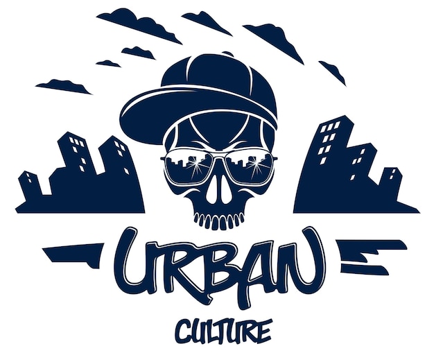 Череп в солнцезащитных очках и шляпе, векторный логотип или эмблема городской темы, иллюстрация гангстера или бандита, хулиган хаоса анархии, тема гетто.