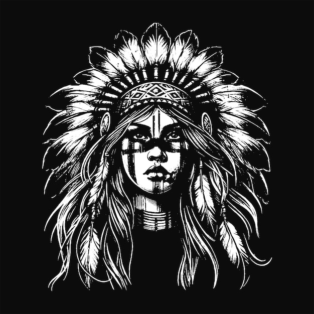 Skull Indian Apache Girl with Traditional Hat Grunge Vintage Style Hand Drawn Illustration Black and White