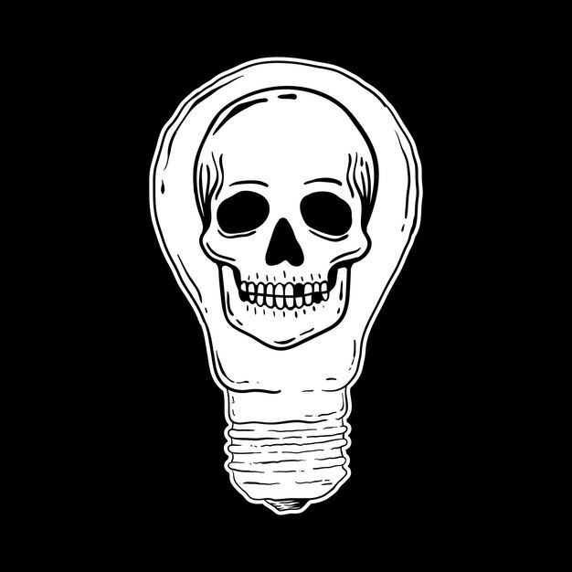 skull inside a light bulb black and white hand drawn