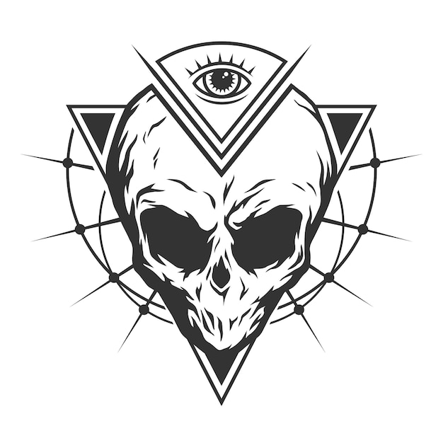 The skull is an alien and allseeing eye with geometric elements