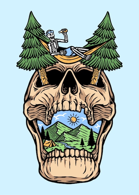 Vector the skull is relaxing on the mountain illustration