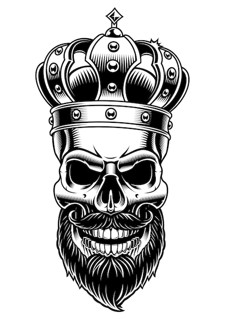 Skull of king.  black and white illustration on white background.