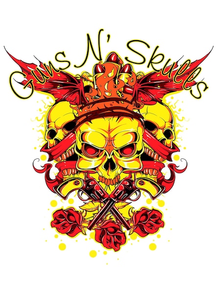 Skull king with guns and roses on an ink spotted background