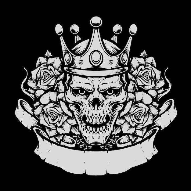 Skull king with roses and ribbon illustration