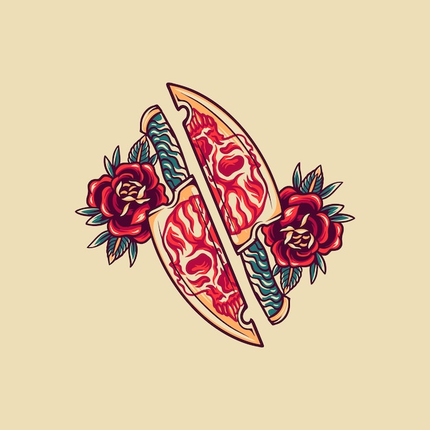 Skull knife and roses retro illustration