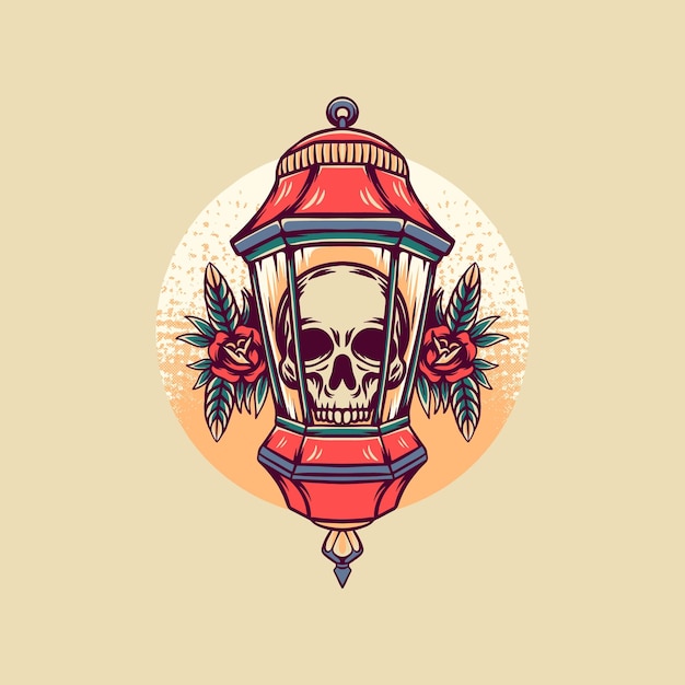 Skull in lantern retro illustration