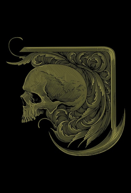 Skull and leaf ornament with angel sword artwork illustration