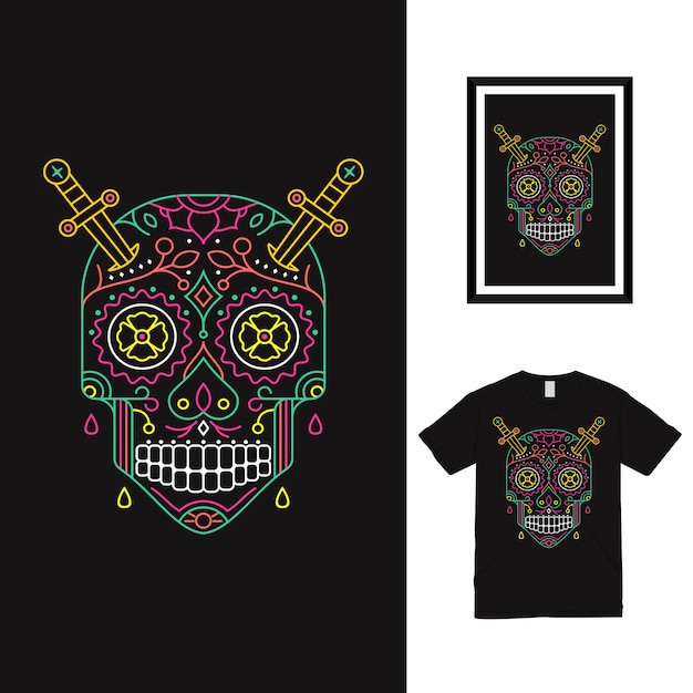 Vettore skull line art t shirt design