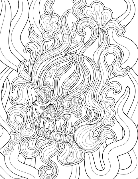 Vector skull line drawing tattoo with flames coming out from eyes coloring book idea
