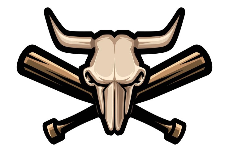 Skull logo cow, bull, buffalo, with crossed baseball bats. Mascot sporty. E-sports logo.