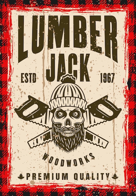 Skull of lumberjack and two crossed saws vector poster in vintage style. Layered, separate grunge texture and text