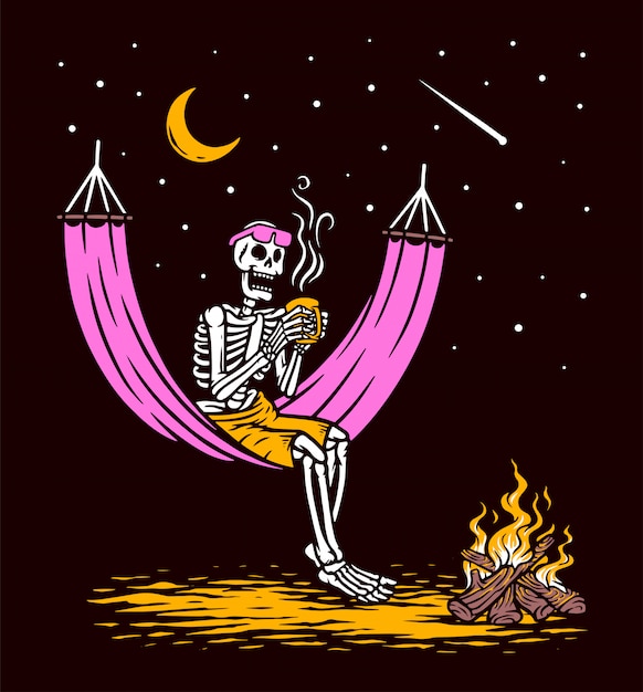 Skull lying drinking coffee illustration