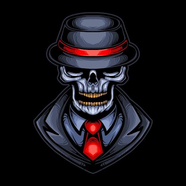 skull mafia gangster head vector illustration design with hat, cloak and tie